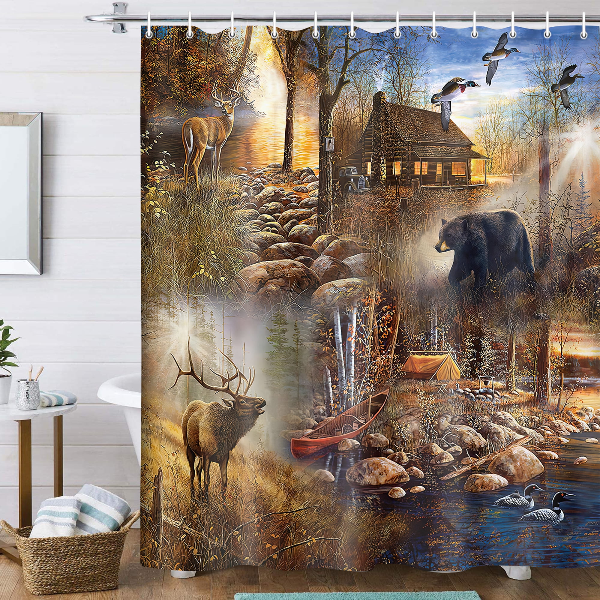 Rustic Farmhouse Shower Curtain, Bear Moose Lodge Woodland Shower