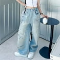 thumbnail image 2 of Povozer Girls Jeans Denim Elastic High Waisted Wide Leg Baggy Pants with Pockets(Blue,4-5Y), 2 of 4