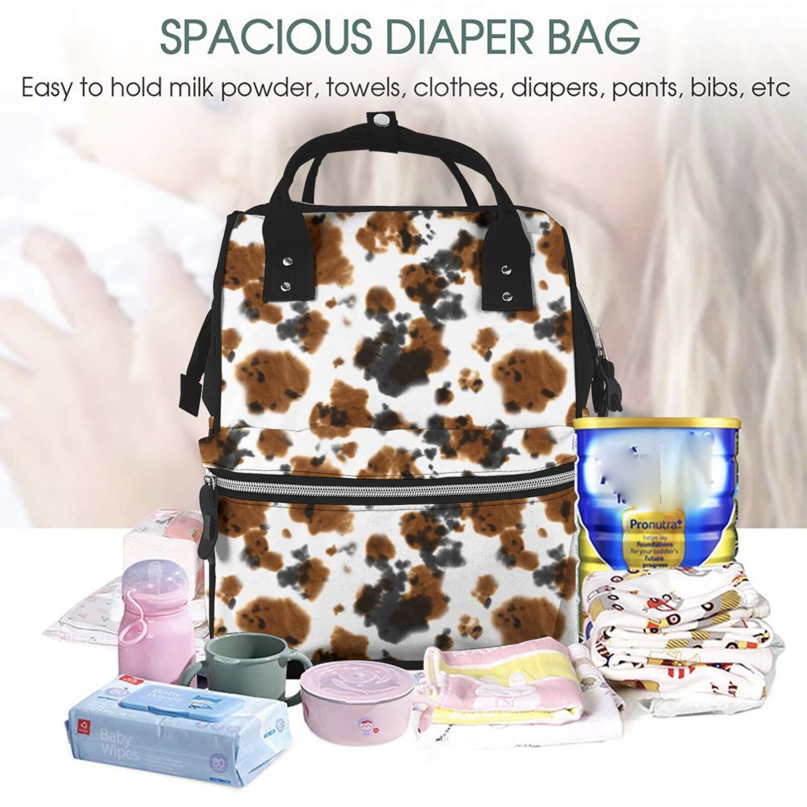 Ratiio Cow Tie Dye Mummy Backpack - Waterproof Twill Canvas, Large Capacity Diaper Bag with Multiple Pockets and Adjustable Straps