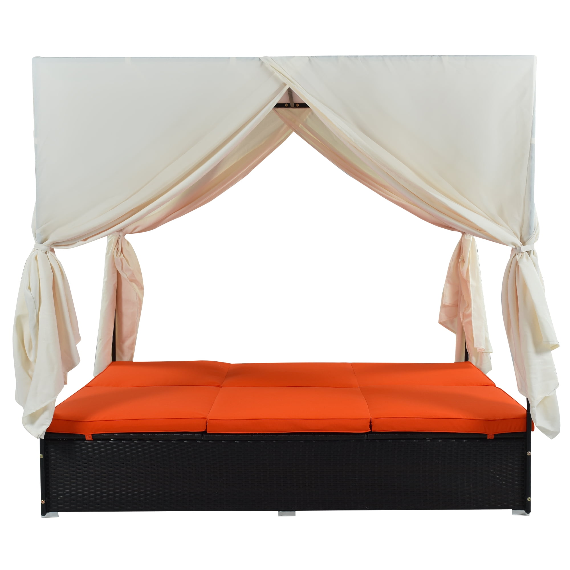 YIORTWO Outdoor Double Chaise Lounge Daybed with Curtains, Adjustable Backrest & Footrest, Steel Frame Loveseat Sofa for Backyard Poolside, Orange
