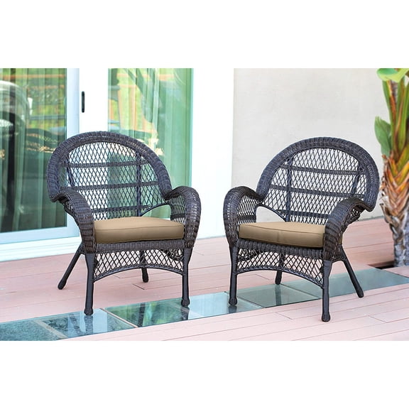 Jeco Wicker Chair in Espresso with Tan Cushion (Set of 2)