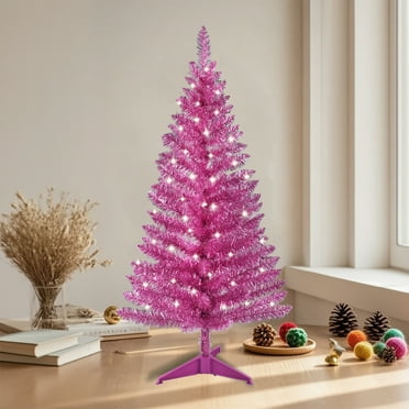 Bringstar 4FT Pink Artificial Christmas Tree with 50 String Lights, Mini Tinsel Tree, Not Pre-Lit, for Home & Office Holiday Décor