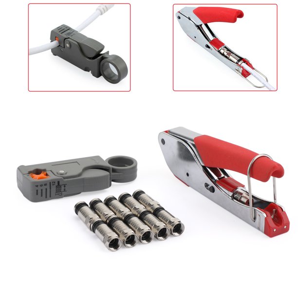 FType Compression Stripper Tool Coaxial Crimper + 10PCS RG6 Crimp Connectors