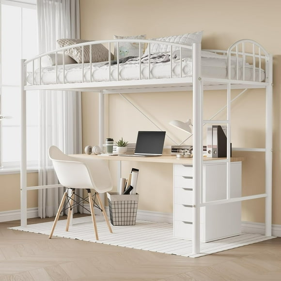 Loft Bed Twin Size with Ladde and Arched Guardrail, Heavy Duty Metal Loft Bed Frame for Kids and Adults, Sturdy Steel Slats Support, Small Space Saving Design, No Box Spring Needed, White
