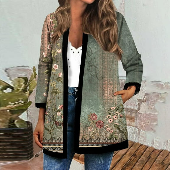 kytmyeq Women's Fall And Winter Fashion Casual Printed Long Sleeve Mid-Length Cardigan Jacket