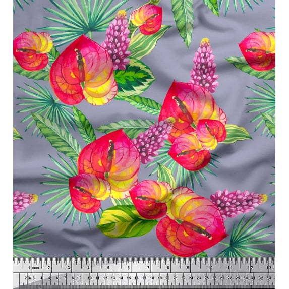 Soimoi Rayon Fabric Leaves,Laceleaf & Lupine Floral Print Fabric by The Yard 56 Inch Wide