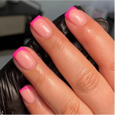 Press On Nails YTTAL 24Pcs Short Square Glossy Press-On Nails – French Tips in Pinkish Nude & White, Durable Full Cover Nail Set Nail Kit