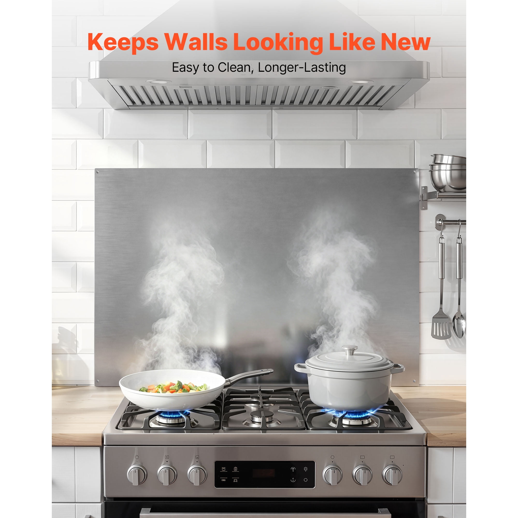 KFFKFF 36" x 24" Stainless Steel Stove Backsplash, Smooth Surface Splatter Guard,Wall Protector for Range Hood, Easy-to-Clean Kitchen Metal Panel with Pre-Drilled Holes for Simple Installation,Silver