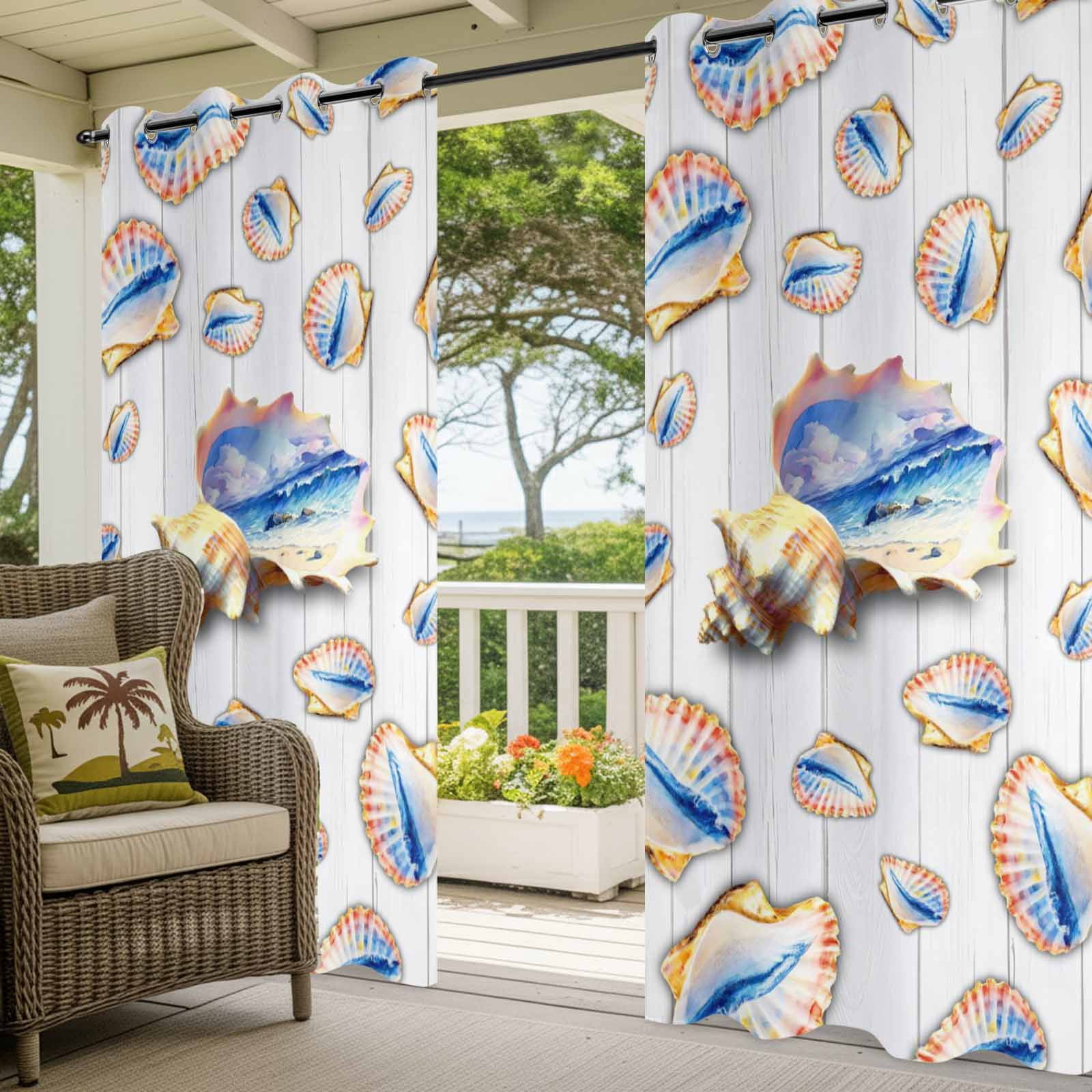 Ocean Shell Outdoor Curtains for Patio, Summer Seaside Beach Wave Conch White Wood Grain Sunshade Privacy Drapes Grommet Waterproof Outside Curtains for Porch/Cabana/Balcony 54"x 108", 1 Panel