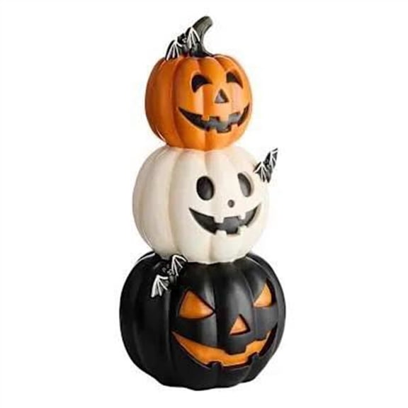 3 Stacked Pumpkin Figurine, Halloween Tabletop Decor, LED Resin Pumpkin Statue for Fall Home Decoration, Jack O Lantern Table Centerpiece for Mantel, Shelf, Desk, Party Decor