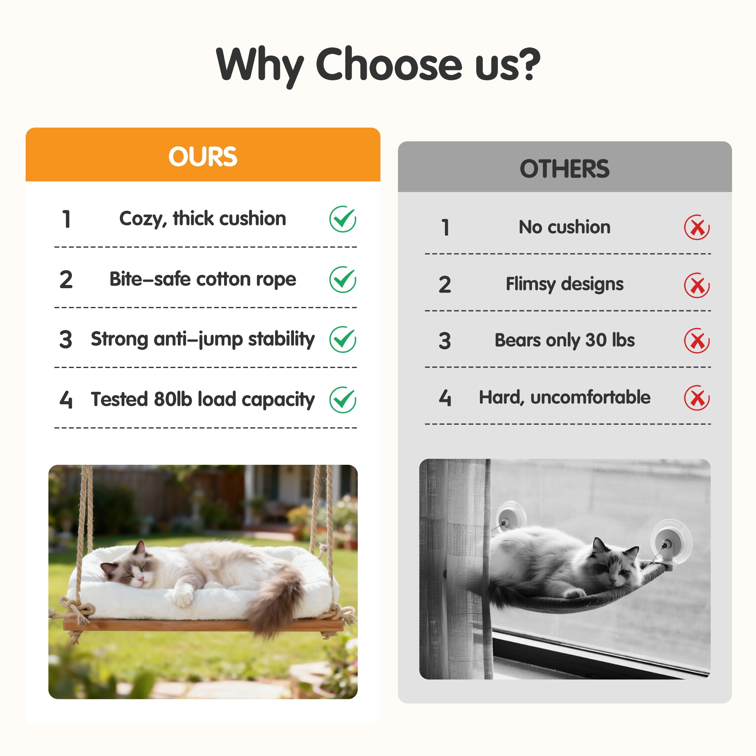 Cat Window Perch, Cat Hammock Bed with Solid Wood Seat 4 Heavy Duty Suction Cups, Plush Cushion, Indoor Pet Window Hammock for Cats for Large Cats