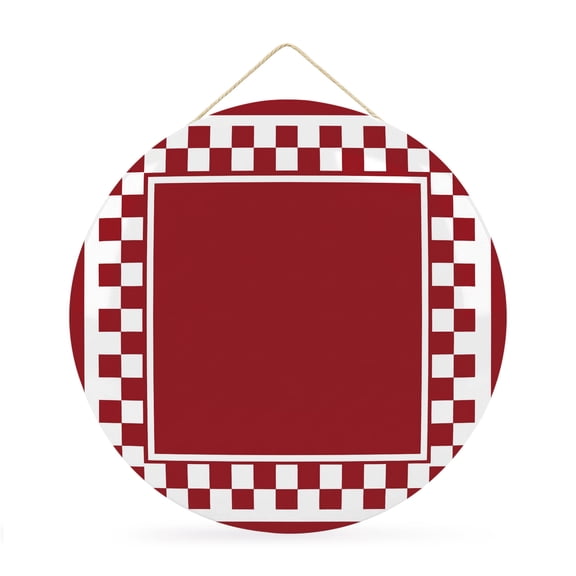 Welcome Sign for Front Door, Red Geometric Round Metal Wall Art Wreaths, Modern Abstract Art Plaid Gingham Outdoor Indoor Wall Hanging Sign for Porch Decor Housewarming Gifts 11.8 Inch