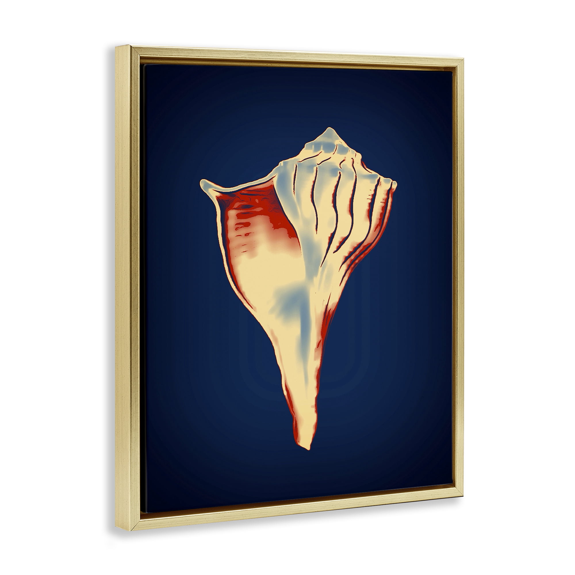 Stupell Industries Lightning Whelk on Blue Nautical & Beach Painting Gold Floater Framed Canvas Art Print Wall Art, 17 x 21
