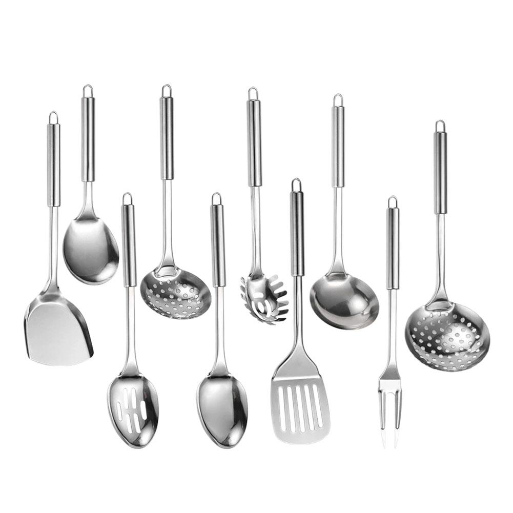 Stainless Steel Kitchen Utensils Set, 10PC Cooking Tools with Ergonomic Tubular Handles, Heat Resistant Spatula, Ladle, Strainer & Meat Fork, Silver