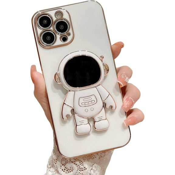 Compatible with iPhone 14 Pro Max Electroplated Case Women Girls Plating Astronaut Kickstand Case Camera Lens Protection Soft Silicone Case for iPhone 14 Pro Max 5g 6.7 inch (White)