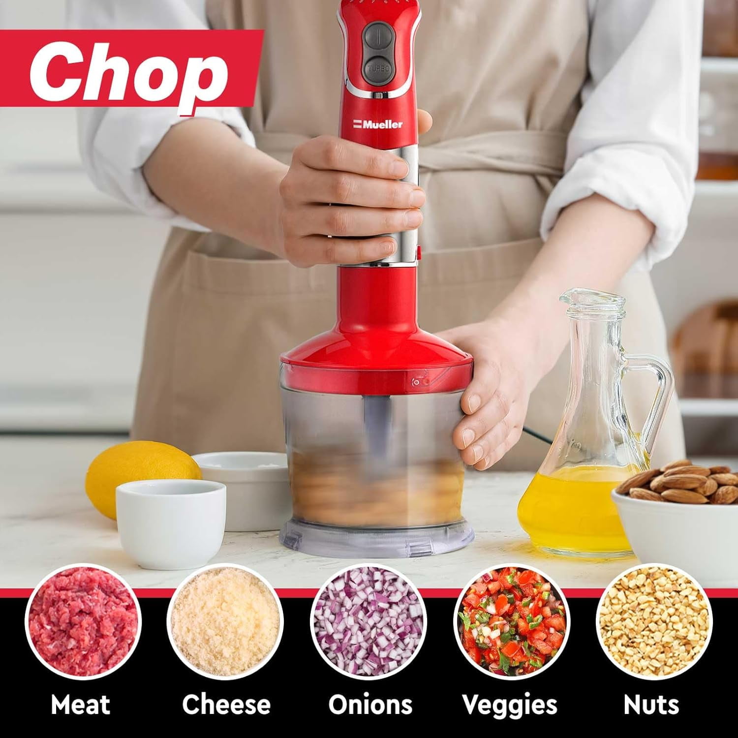 Mueller Multistick 800W 5-in-1 Immersion Blender Handheld, 12 Speed Hand Mixer - Turbo Boost, Heaviest Duty Copper Motor, Titanium Blades Hand Blender, Milk Frother Wand, Red Kitchen Accessories