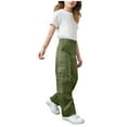 thumbnail image 4 of Lenpel Children's Cargo Pants Unisex Girls Boys Elastic Waist Straight Leg Pull on Pants Casual Loose Trousers with Pockets(Army Green,14-15 Years), 4 of 4