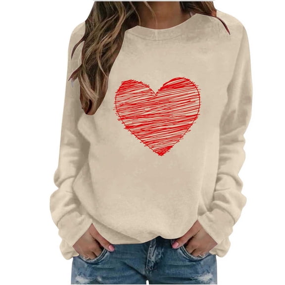 Cadancy Valentines Shirts for Women Heart Graphic Long Sleeve Cute Tops Crewneck Casual Oversized Pullover Sweatshirts Comfy Lounge Fashion Outfits