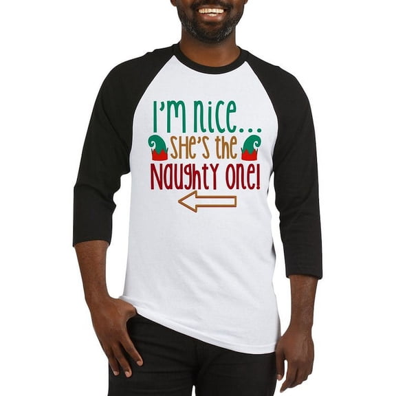 CafePress - Im Nice She's Naughty Elf Hat Baseball Jersey - Cotton Baseball Jersey, 3/4 Raglan Sleeve Shirt