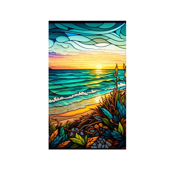 Huisuilinss Window Privacy Film,Colorful Retro Seaside Sunset Stained Glass Window Film,Uv Blocking Heat Cotrol Privacy Window Film,PVC Non-Adhesive Removable Window Sticker For Bathroom Glass Door