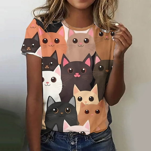 QUNYINEY Cat Print Tshirts Shirts for Women Casual Short Sleeve Crew Neck Tops Cute Pullover Loose Shirts