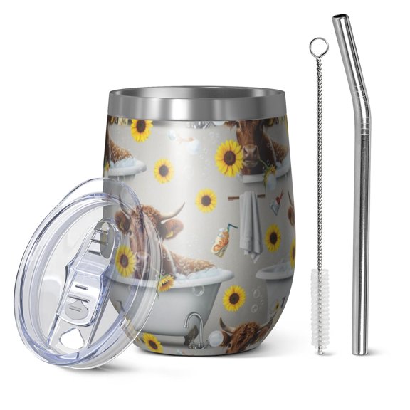 12oz Stemless Wine Tumblers Gray Highland Cow Bathtub Sunflower Pattern Vacuum Insulated Stainless Steel Travel Tumbler Cups Mug with Lid and Straw for Champaign,Cocktail,Beer with Cleaning Brush