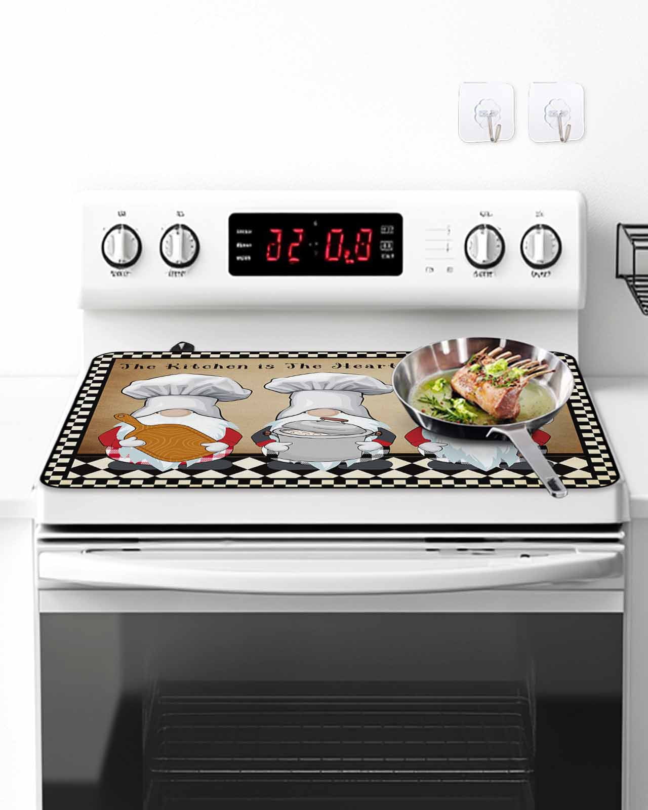 Stove Top Covers for Electric Stove, Farmhouse Chef Gnomes Kitchen Glass Ceramic Electric Cooktop Covers, Vintage Black White Plaid HeatResistant Oven/Countertop/Dishwasher/Sink Protector