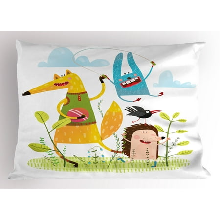 Kids Pillow Sham Fox Hedgehog Crow and Dog Skipping Rope in the Garden Best Friends Children Cartoon, Decorative Standard Size Printed Pillowcase, 26 X 20 Inches, Multicolor, by