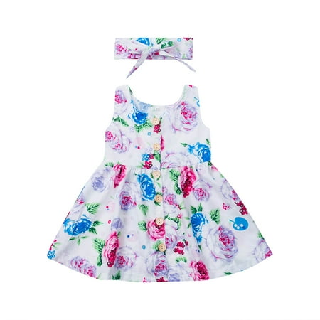 

Bagilaanoe Toddler Baby Girl Summer Dress Flower Print Sleeveless A-line Dresses + Headband 6M 12M 18M 24M 3T 4T Kids Casual Sundress