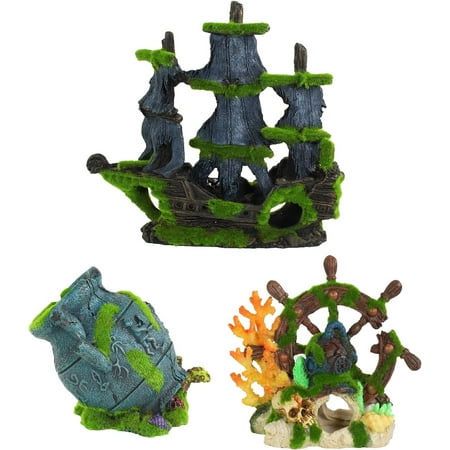 UPC: 0030172104749 | Penn-Plax Aqua-Flora Aquarium Living Resin Decorations with Embedded Glosso Plant Seeds – Nautical & Pirate Themed 3-Piece Bundle