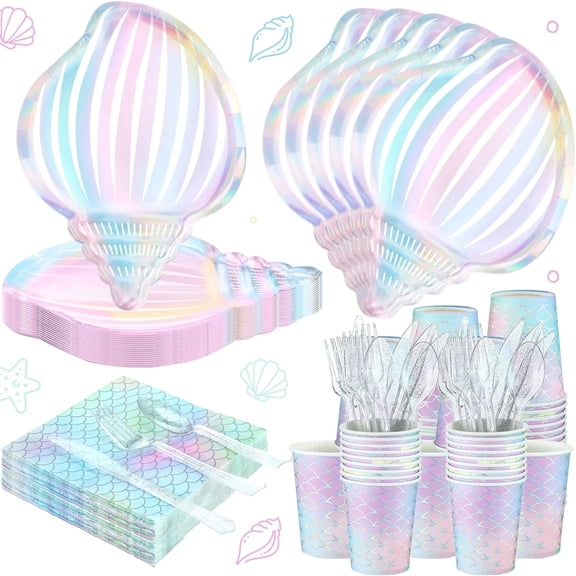 144 Pcs Mermaid Party Supplies Mermaids Themed Party Decorations Under the Sea Party Tableware Includes Plates Napkins Cups Plastic Spoons Fork Knives for Baby Shower Birthday Party (Elegant Style)