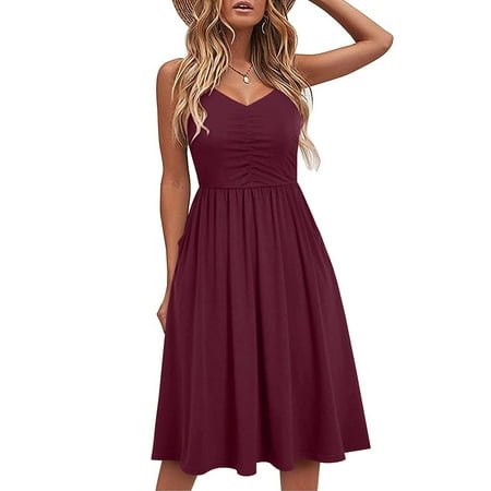 

Follure Women s Summer V-neck Pure Casual Lace-up Sling Temperament Knee-length Dress Dress Women Casual