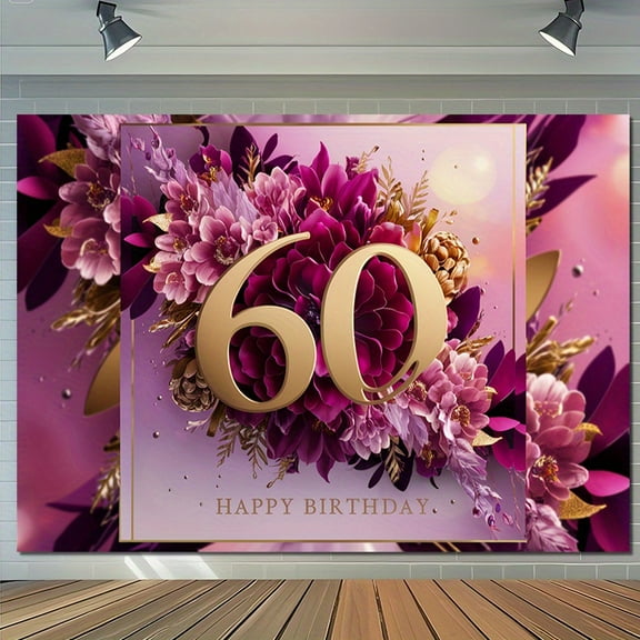 Happy 60th Birthday Backdrop Purple Pink Floral 60th Birthday Photography Background Golden Glitter Number 60 Birthday Party Decorations Banner Supplies Photo Booth Props
