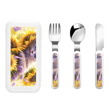 

Bingfone Daisy Sunflower Lazy Cat Print Toddler Utensils Kids Silverware 3pcs Safety Stainless Steel Toddler Fork Spoon Knife Set Children Flatware Set