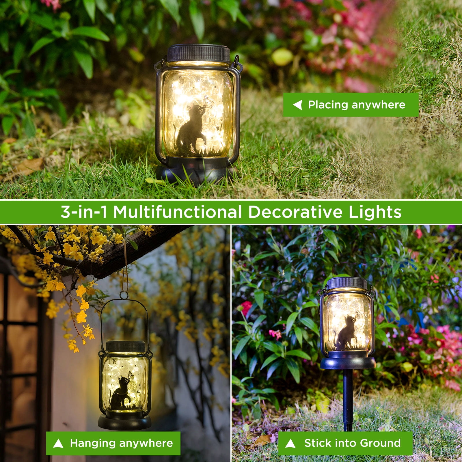 Cat and Butterfly Solar Lanterns Mother's Day Gift Outdoor Garden Hanging Solar Lights Cat and Butterfly Lover Gifts for Women, Memorial Gifts Fairy Lights for Patio Yard Lawn Outside Decor Lamp