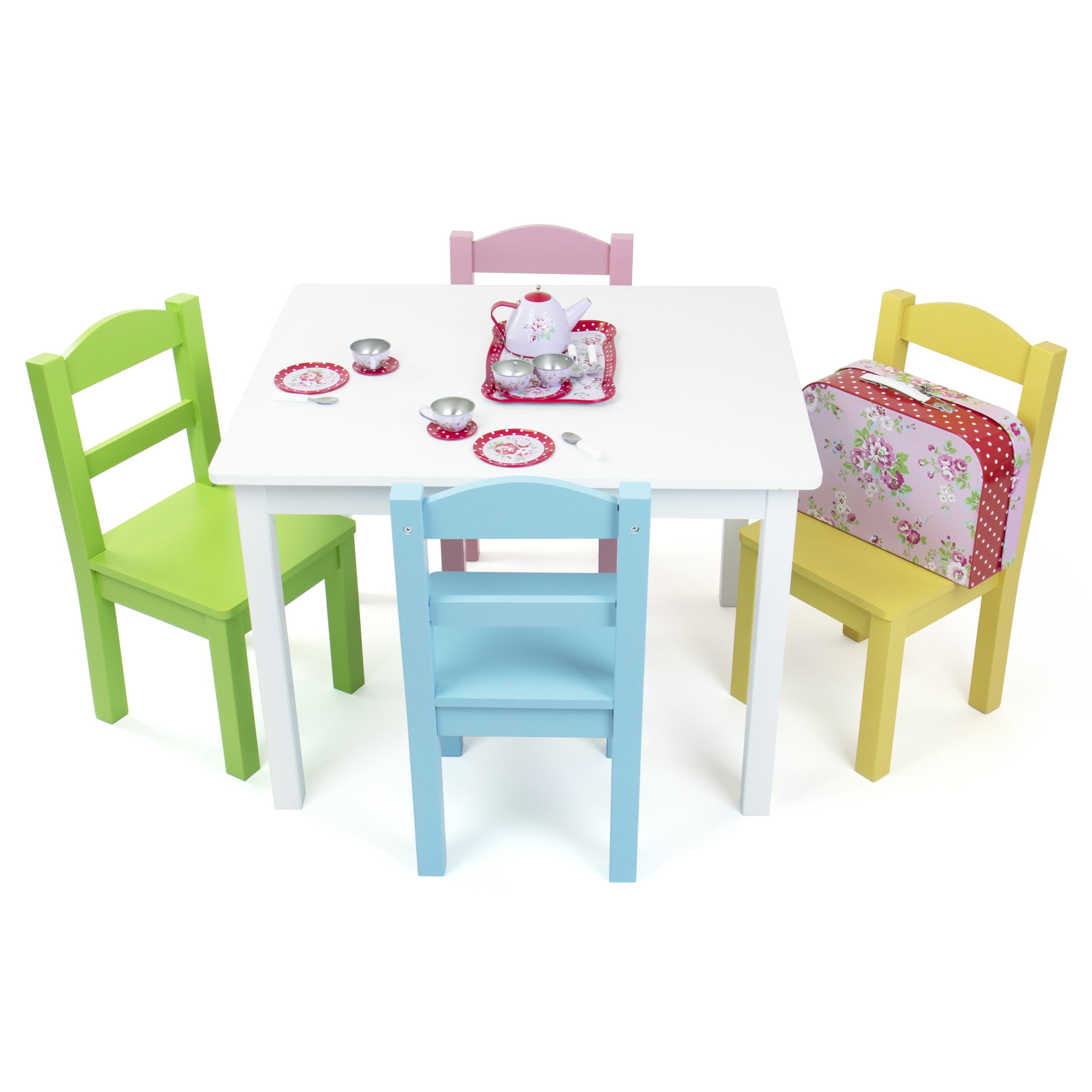 Humble Crew Pastel Kids 5-Piece Storage Outdoor Activity Table and Chair Set, White/Pink/Blue/Green/Yellow