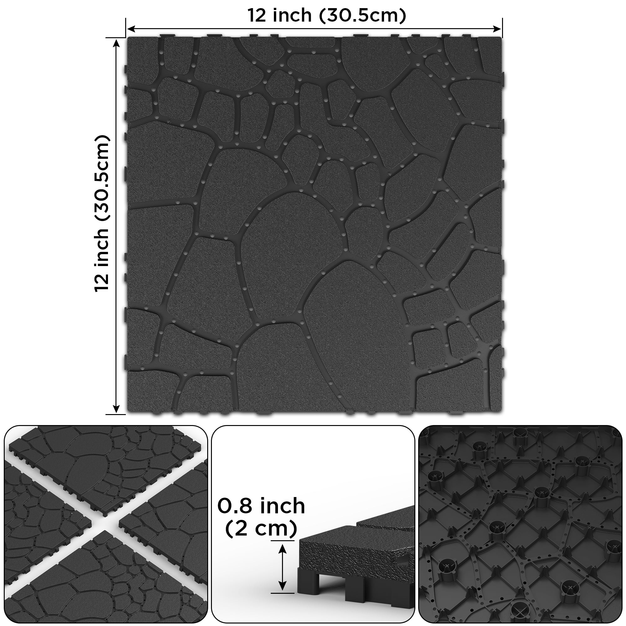 12" Stone Texture Dark Gray Interlocking Patio Deck Tiles 44pcs PP Material DIY Floor Tiles for Porch Poolside Balcony Backyard Indoor & Outdoor Use
