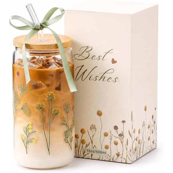 Floral Gifts for Women, Flower Glass Cup with Lid and Straw, Aesthetic Wildflower Iced Coffee Drinking Cup Tumbler stuff for Women Mom Anniversary Birthday Thanksgiving 16oz