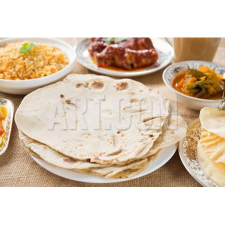 Chapatti Roti, Curry Chicken, Biryani Rice, Salad, Masala Milk Tea and Papadom. Indian Food on Dini Print Wall Art By