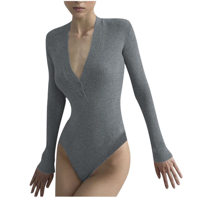 fartey Women's 2024 Trendy Deep V Neck Long Sleeve Button Front Top Ribbed Knit Solid Color Lightweight Bodysuit Jumpsuit