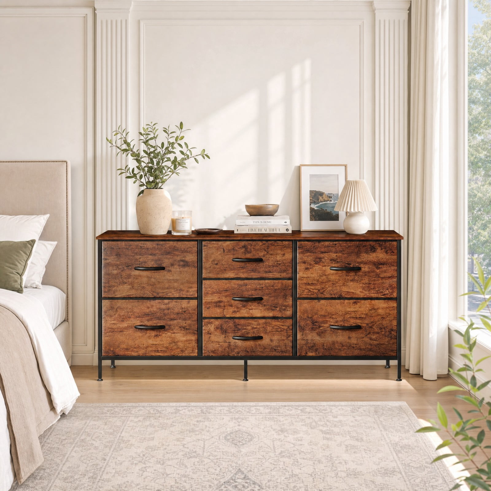 Telyra 7-Drawer Dresser with Wood Shelf, Sturdy Metal Frame, Versatile Media Console Dresser for Bedroom, Rust