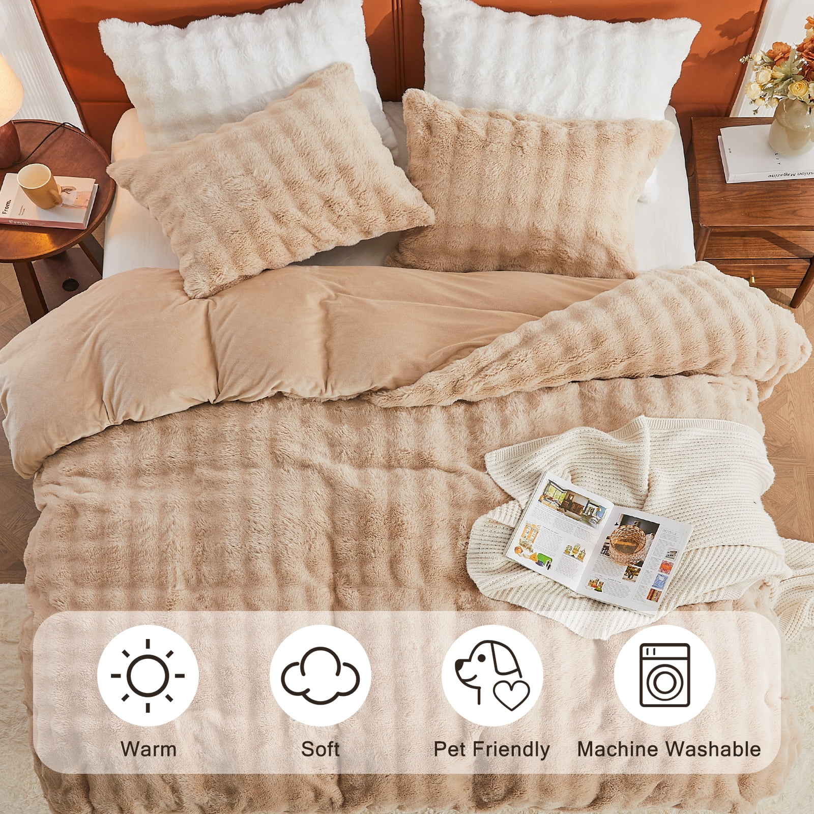 EMME Faux Fur Duvet Cover Queen Size, 3 Pieces Ultra Soft Fluffy Comforter Cover, Cozy Warm for Winter, Luxury Elegant Shaggy Bubble Bedding Sets , 1 Duvet Cover & 2 Pillow Shams (Queen, Camel)
