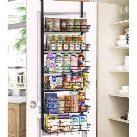 Over The Door Pantry Organizer Pantry Storage and Organization 6-Tier Adjustable Hanging Baskets Metal Wall Mount Spice Rack Seasoning Shelves for Home & Kitchen Laundry Bathroom - Black