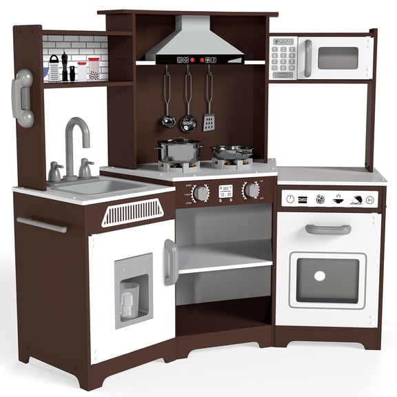 Toddler Play Kitchen Corner Wooden Pretend Kids Toys Playset Gift with Realistic Lights & Sounds, Water Dispenser, Microwave Oven, Phone, Sink, Cooking Accessories