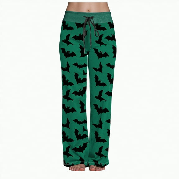enyan Halloween Pj Pants Halloween Woman Pajama Pants Bat Casual Baggy Bottoms Pants Women's Home Wear Pajama Long Pants Halloween Costumes Green,XL