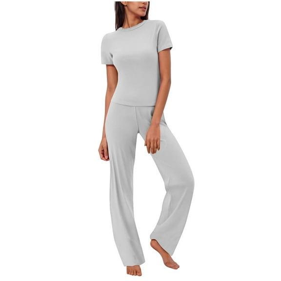 Zekutng Two Piece Sets for Women Solid Color Round Neck Short Sleeved with Bandage Elastic Waistband Long Pants Casual Sports Suit,Sizes S-2XL