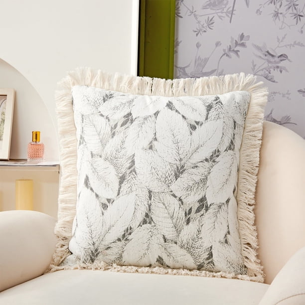 Funda de Almohada de Lino con Flecos y Hojas para Sala de Estar, Funda de Cojín para Sofá, Funda de Cojín para Sofá de Casa