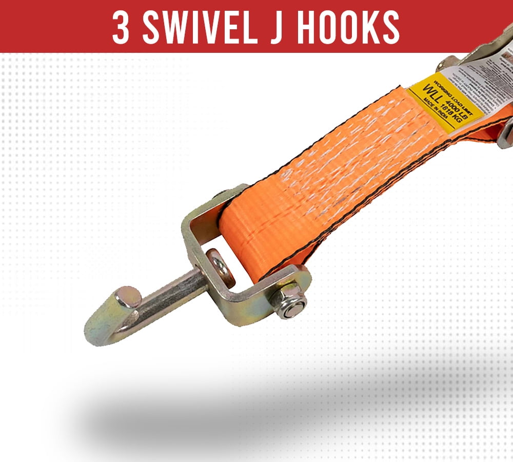 4 Pack 2"x9' Over The Wheel Tire Straps w/ Ratchet, Swivel J Hook & Rubber Blocks -  3,333 LBS WLL High Abrasion Orange Webbing - Towing Tie Down Strap for Auto Car Hauler, Truck Bed