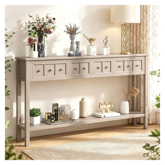 60" Entryway Table with Drawers, Console Table for Hallway, Gray Wash - Storage Sofa Table with Bottom Shelf, Living Room Accent Furniture