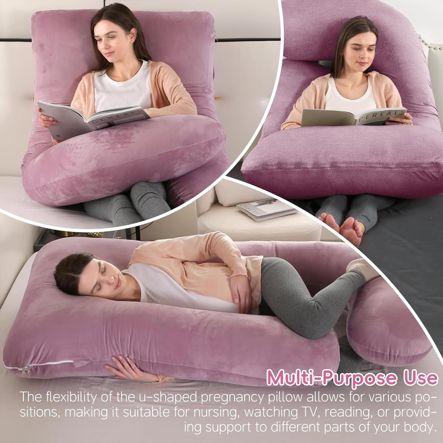 U-Shaped Pregnancy Pillow for Sleeping, Full Body Support for Back, HIPS & Belly -65 Inch Maternity Pillow with Machine Washable Cover | Maternity Essential (Velvet Pink-65inch)
